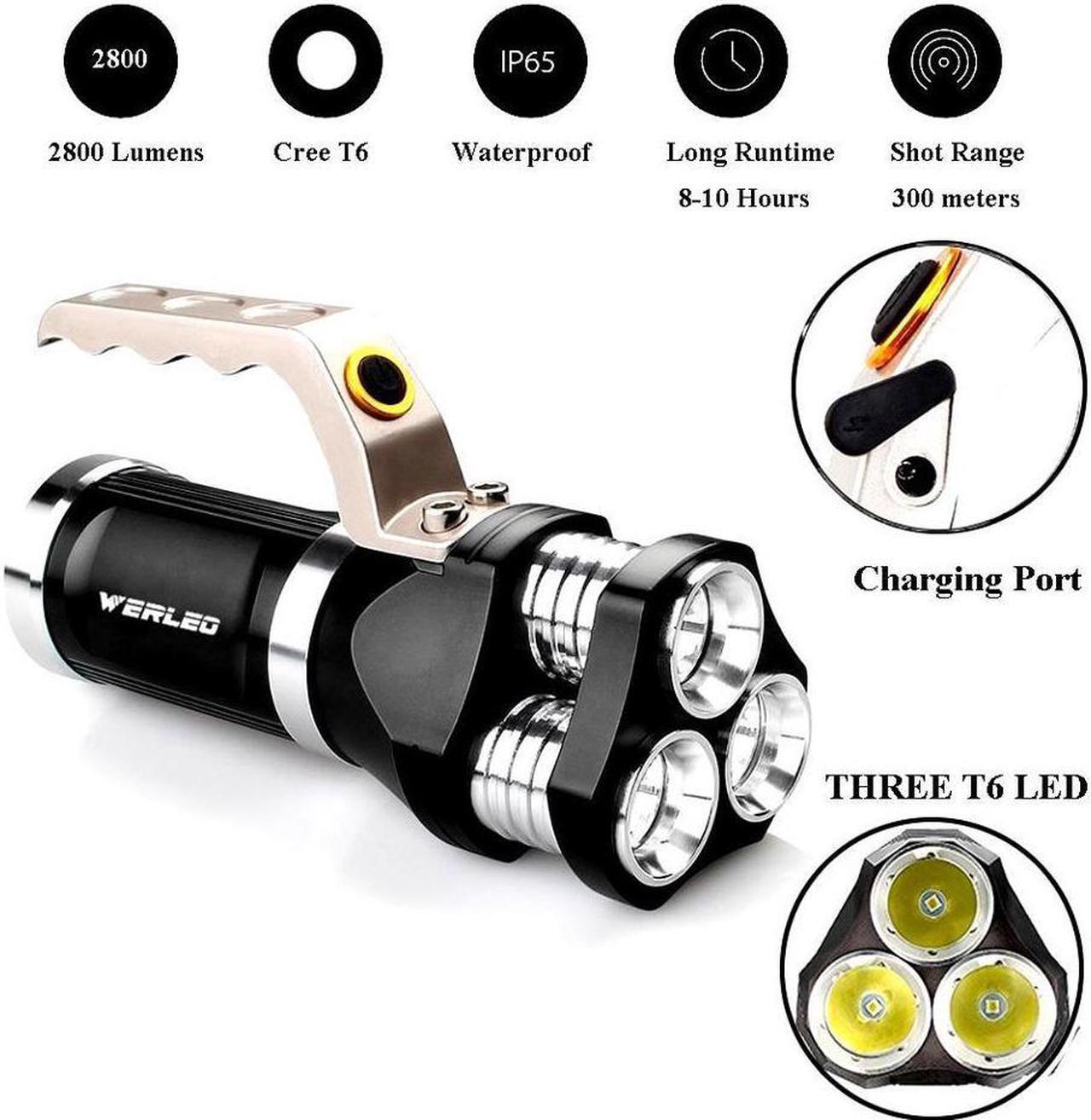 Alt view image 3 of 7 - 2800 Lumen Rechargeable Handheld Flashlight LED Searchlight Bright Outdoor Tactical Spotlight IP65 Waterproof CREE T6 Dimmable LED Torch Floodlight Lamp For Camping Lantern Hiking Hunting Black