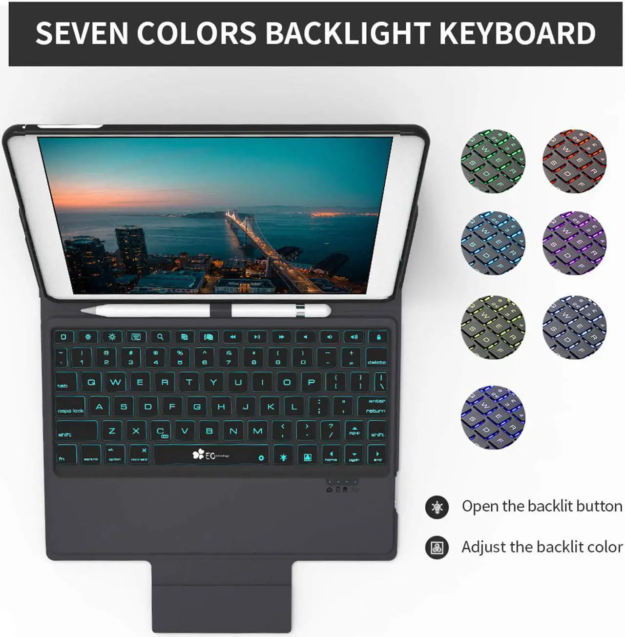 Alt view image 2 of 7 - Keyboard Case for iPad New 2018 iPad(6th Gen), 2017 iPad(5th Gen), iPad Pro 9.7, iPad Air 2 & 1,iPad 9.7 inch BT Backlit Thin & Light - Wireless/BT - 7 Color Backlight Keyboard with Pencil Holder