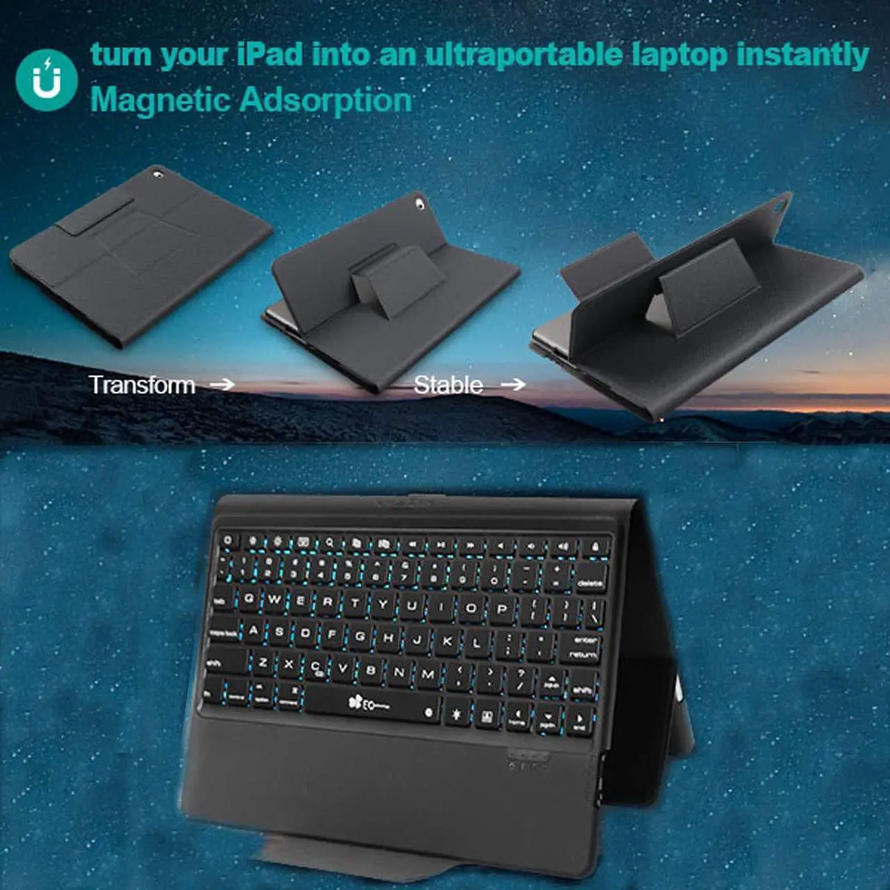 Alt view image 7 of 7 - Keyboard Case for iPad New 2018 iPad(6th Gen), 2017 iPad(5th Gen), iPad Pro 9.7, iPad Air 2 & 1,iPad 9.7 inch BT Backlit Thin & Light - Wireless/BT - 7 Color Backlight Keyboard with Pencil Holder