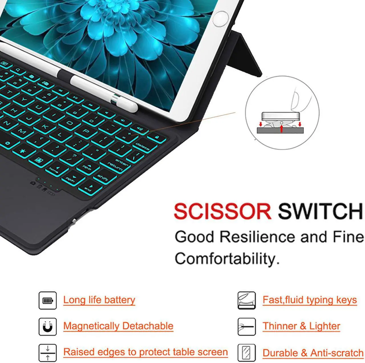 Alt view image 5 of 7 - Keyboard Case for iPad New 2018 iPad(6th Gen), 2017 iPad(5th Gen), iPad Pro 9.7, iPad Air 2 & 1,iPad 9.7 inch BT Backlit Thin & Light - Wireless/BT - 7 Color Backlight Keyboard with Pencil Holder