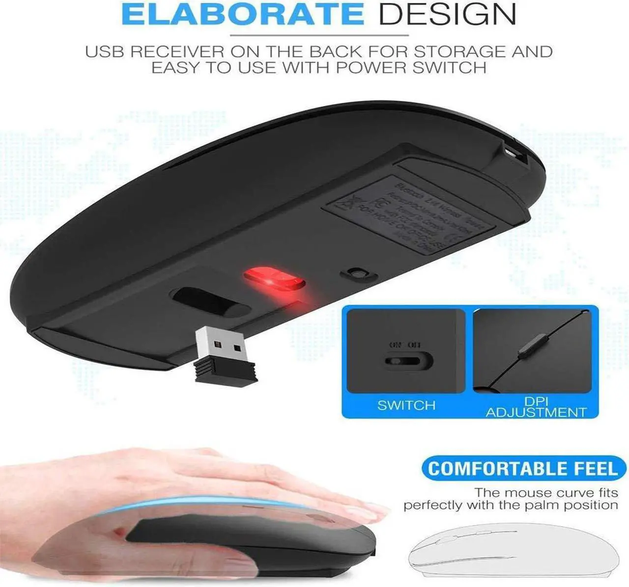 Alt view image 2 of 7 - Wireless Mouse, Computer Mouse, 2.4G Slim Silent Click Noiseless Optical Mouse with USB Receiver & Type-C Adapter, Wireless Mouse for Laptop, Computer, Notebook, Desktop, PC, MacBook