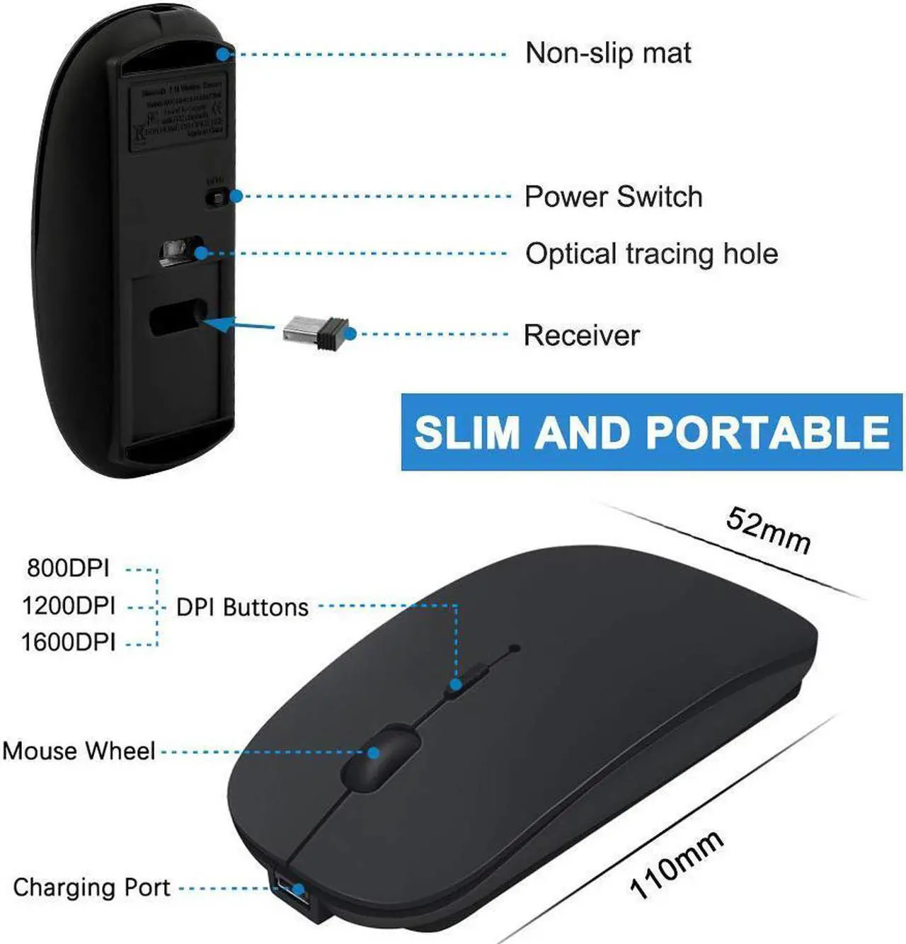 Alt view image 3 of 7 - Wireless Mouse, Computer Mouse, 2.4G Slim Silent Click Noiseless Optical Mouse with USB Receiver & Type-C Adapter, Wireless Mouse for Laptop, Computer, Notebook, Desktop, PC, MacBook