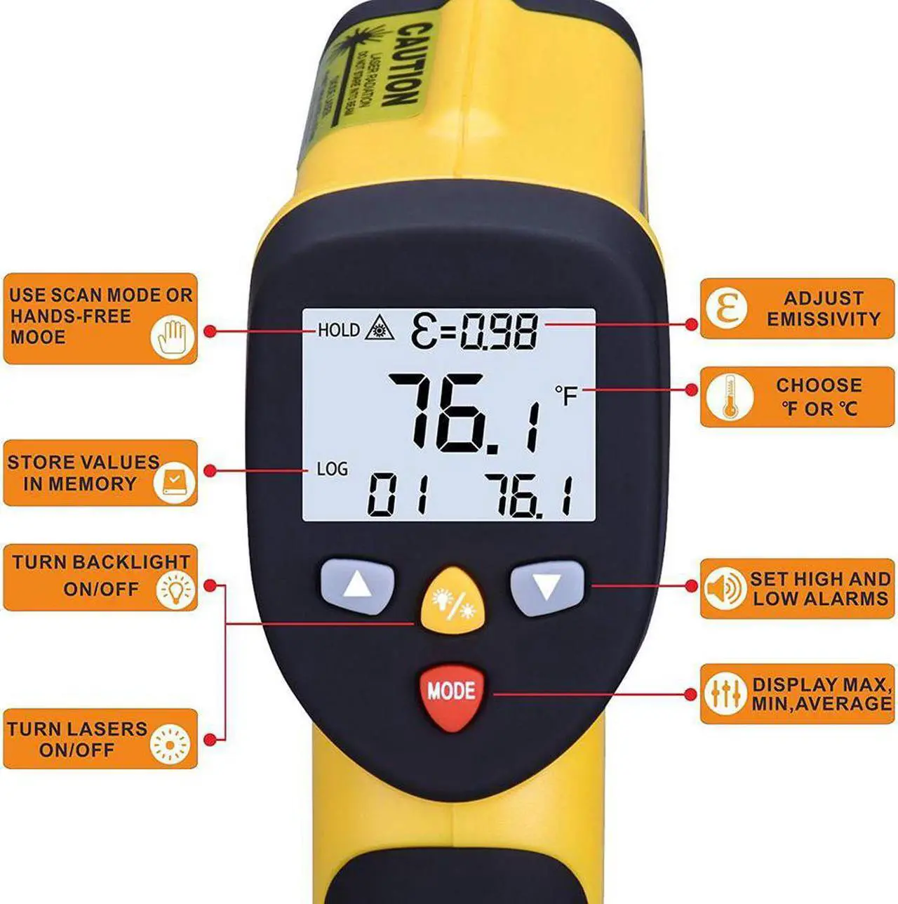 Alt view image 3 of 7 - Infrared Thermometer Werleo Dual Laser Thermometer Temperature Gun Non-contact Surface Digital IR Thermometer -58?~1202? (-50? to 650?) Instant Read Handheld with Adjustable Emissivity