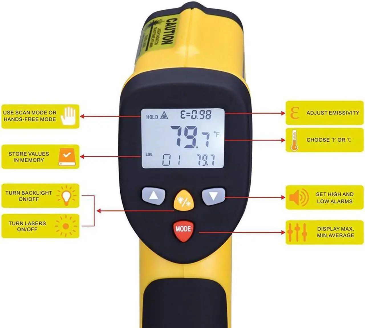 Alt view image 4 of 7 - Infrared Thermometer Werleo Dual Laser Thermometer Temperature Gun Non-contact Surface Digital IR Thermometer -58?~1202? (-50? to 650?) Instant Read Handheld with Adjustable Emissivity