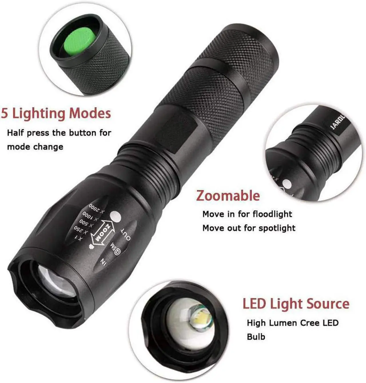 Alt view image 3 of 7 - LED Flashlight 1600 Lumen XML-T6 Handhold Flashlight-Portable Zoomable Waterproof Super Brightness with 5 Light Modes for Indoor / Outdoor 2 pack (Batteries Not Included)