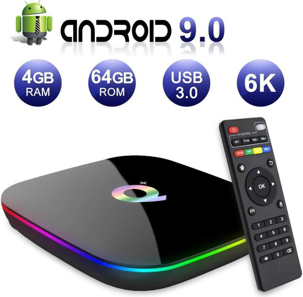 Main image of Android 9.0 Smart TV Box, 4GB RAM 32GB ROM Q Plus H6 Quad-core cortex-A53 Frequency 2G Mali-T720MP2 WiFi 2.4GHz Support 6K H.265 HDMI 2.0 Output Ethernet RJ-45 with USB 3.0