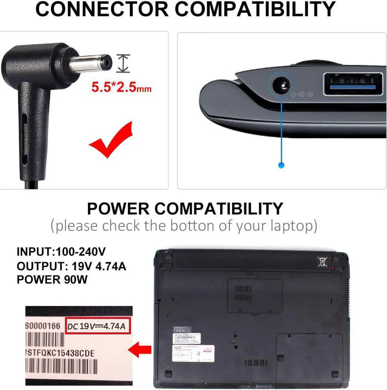 Alt view image 3 of 6 - Vanzer K55 K53E 90W AC Adapter Laptop Charger for Asus K55A X53E K55N A53E A55A K55VD K52F K50I K501U K50IJ K52J K53 K53SV K53TA K53U K55VM K60IJ K73E N53 N56V N56VJ N56DP N76 Laptop Power Supply