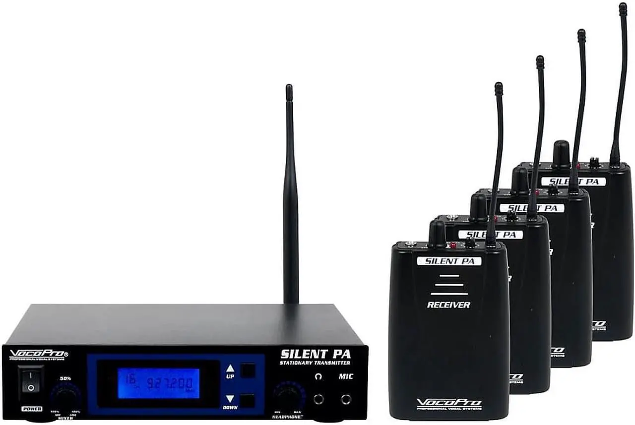 Alt view image 2 of 14 - VocoPro SilentPA-PRACTICE 16CH UHF Wireless Audio Broadcast System (Stationary Transmitter with four bodypack receivers)