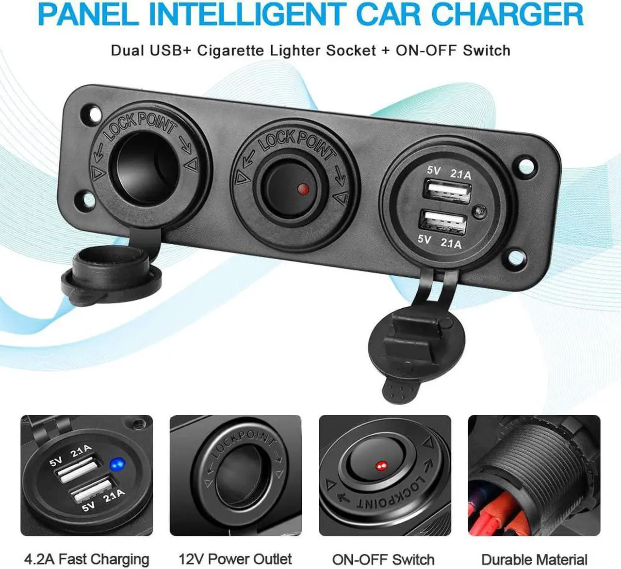 Alt view image 2 of 7 - Dual USB Socket Charger 2.1A & 2.1A with LED Power Indicator + 12V Power Outlet Cigarette Lighter Socket + ON-Off Toggle Switch Triple Function Panel for Car Boat Marine Vehicles
