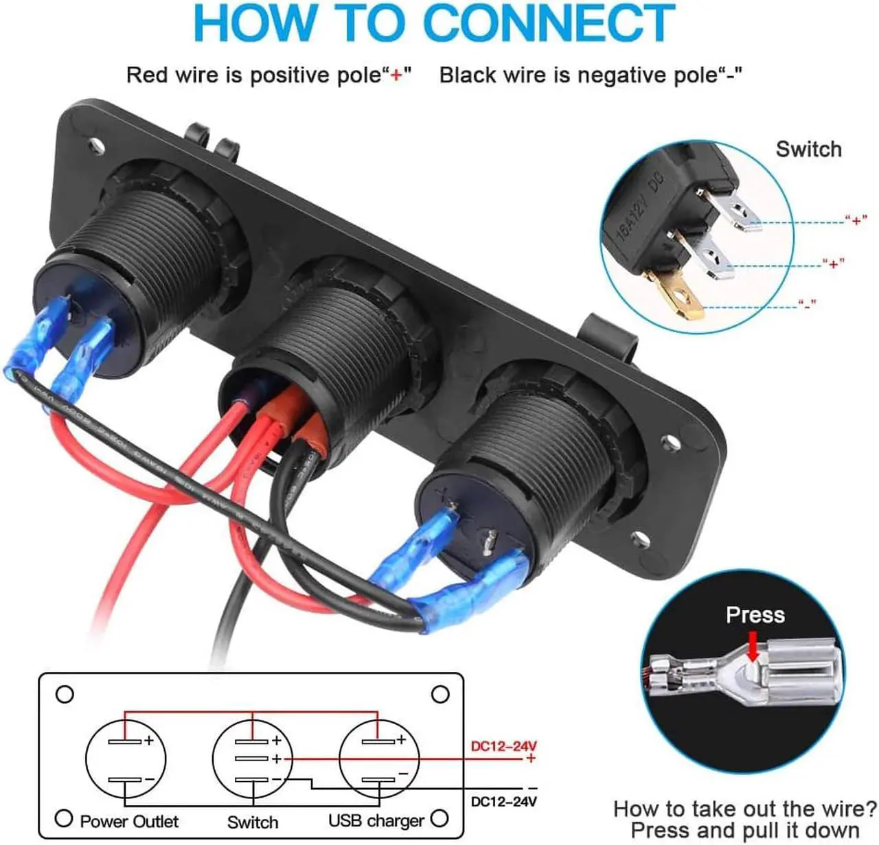 Alt view image 6 of 7 - Dual USB Socket Charger 2.1A & 2.1A with LED Power Indicator + 12V Power Outlet Cigarette Lighter Socket + ON-Off Toggle Switch Triple Function Panel for Car Boat Marine Vehicles