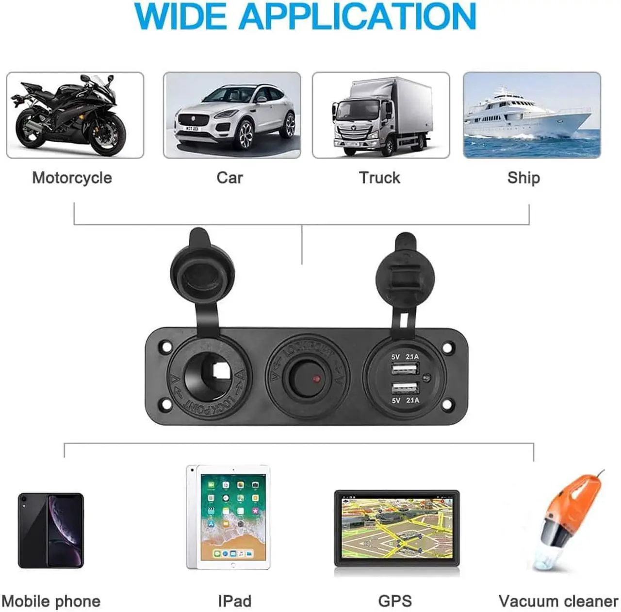 Alt view image 5 of 7 - Dual USB Socket Charger 2.1A & 2.1A with LED Power Indicator + 12V Power Outlet Cigarette Lighter Socket + ON-Off Toggle Switch Triple Function Panel for Car Boat Marine Vehicles
