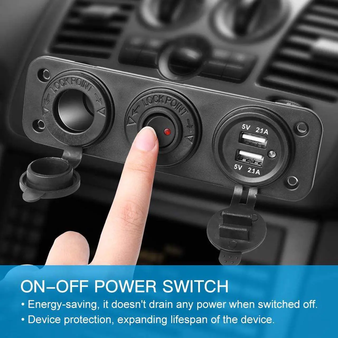 Alt view image 4 of 7 - Dual USB Socket Charger 2.1A & 2.1A with LED Power Indicator + 12V Power Outlet Cigarette Lighter Socket + ON-Off Toggle Switch Triple Function Panel for Car Boat Marine Vehicles