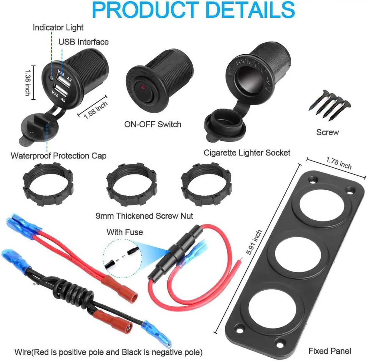 Alt view image 3 of 7 - Dual USB Socket Charger 2.1A & 2.1A with LED Power Indicator + 12V Power Outlet Cigarette Lighter Socket + ON-Off Toggle Switch Triple Function Panel for Car Boat Marine Vehicles