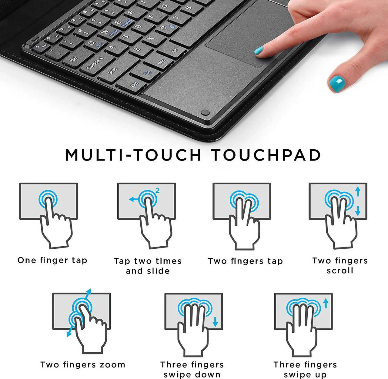 Alt view image 5 of 7 - Touchpad Executive Keyboard Case for 7 inch - 8 inch Tablets | 2-in-1 Universal Bluetooth Wireless Keyboard & Leather Folio Cover Black