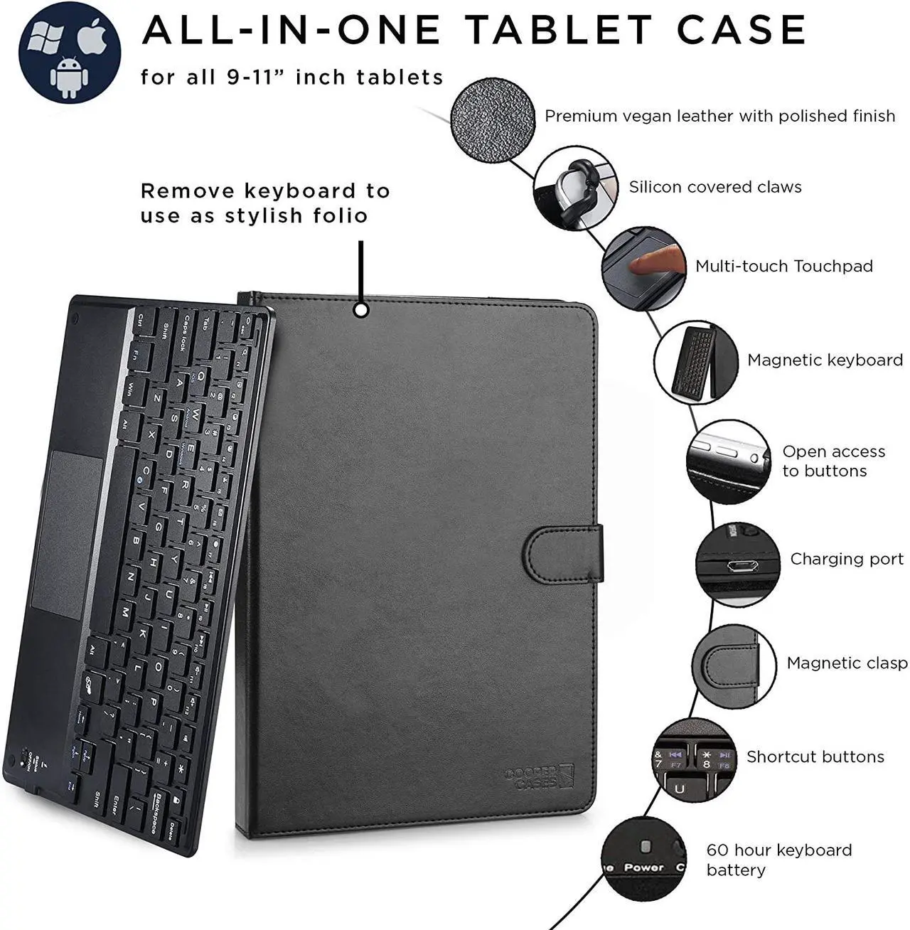 Alt view image 6 of 7 - Touchpad Executive Keyboard Case for 7 inch - 8 inch Tablets | 2-in-1 Universal Bluetooth Wireless Keyboard & Leather Folio Cover Black