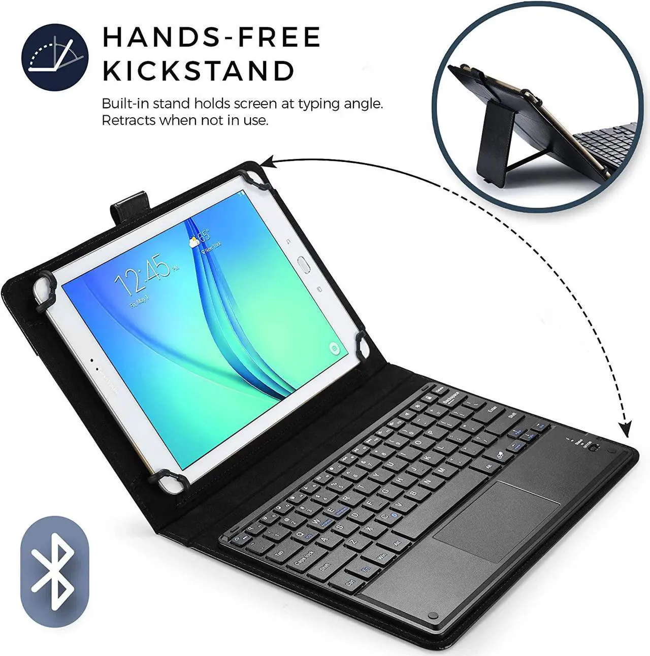Alt view image 4 of 7 - Touchpad Executive Keyboard Case for 7 inch - 8 inch Tablets | 2-in-1 Universal Bluetooth Wireless Keyboard & Leather Folio Cover Black