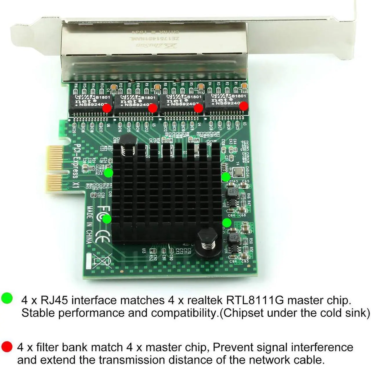 Alt view image 3 of 5 - Network Card,Ethernet Adapter,Ethernet Card, Gigabit Ethernet with Heatsink Technology,PCI Express 4-Port Network Controller Card 1000Mbps RJ45 LAN Adapter Converter for Desktop PC