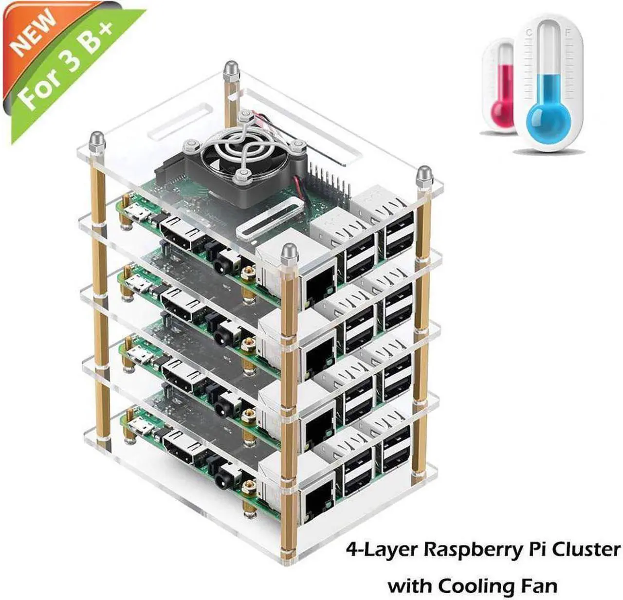 Main image of Raspberry Pi Cluster Case, Raspberry Pi Case with Cooling Fan and Raspberry Pi Heatsink for Raspberry Pi 3 Model B+, Pi 3 B, Pi 2 B, Pi B+ (4-Layers)