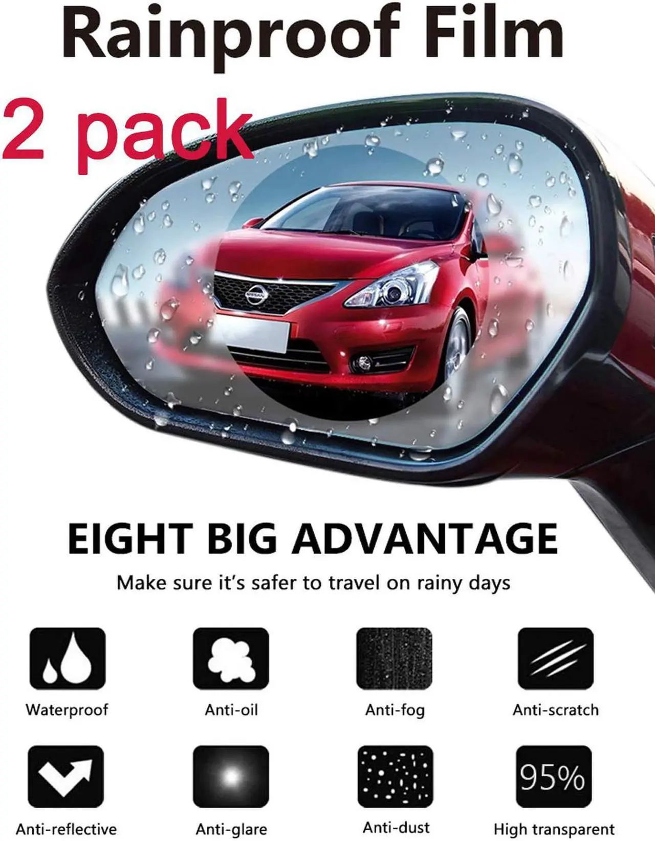 Main image of Car Rearview Mirror Protective Film Waterproof Film Anti-Fog HD Car Rearview Mirror Decal Rainproof Anti-Glare Anti-Scratch Clear Protective Film for Car Rearview Side Mirror Glass -Pack of 2PCS