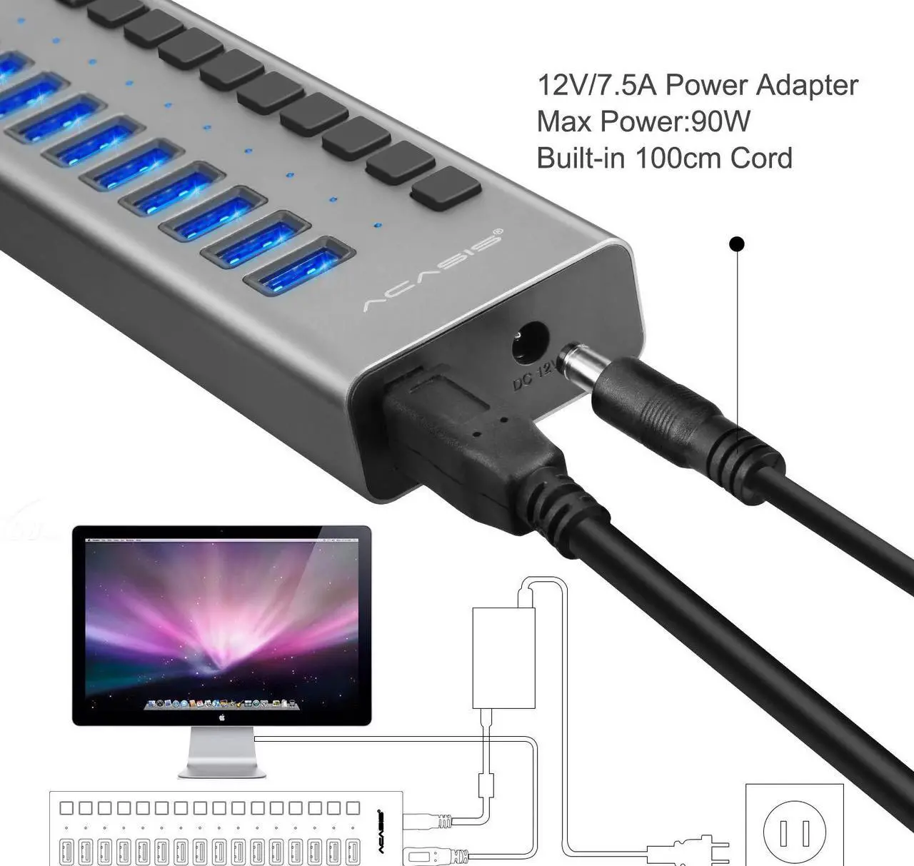 Alt view image 6 of 7 - Powered USB Hub WERLEO 16 Ports 90W USB 3.0 Data Hub - with Individual On Off Switches and 12V/7.5A Power Adapter USB Hub 3.0 Splitter for Laptop PC Computer Mobile HDD Flash Drive and More