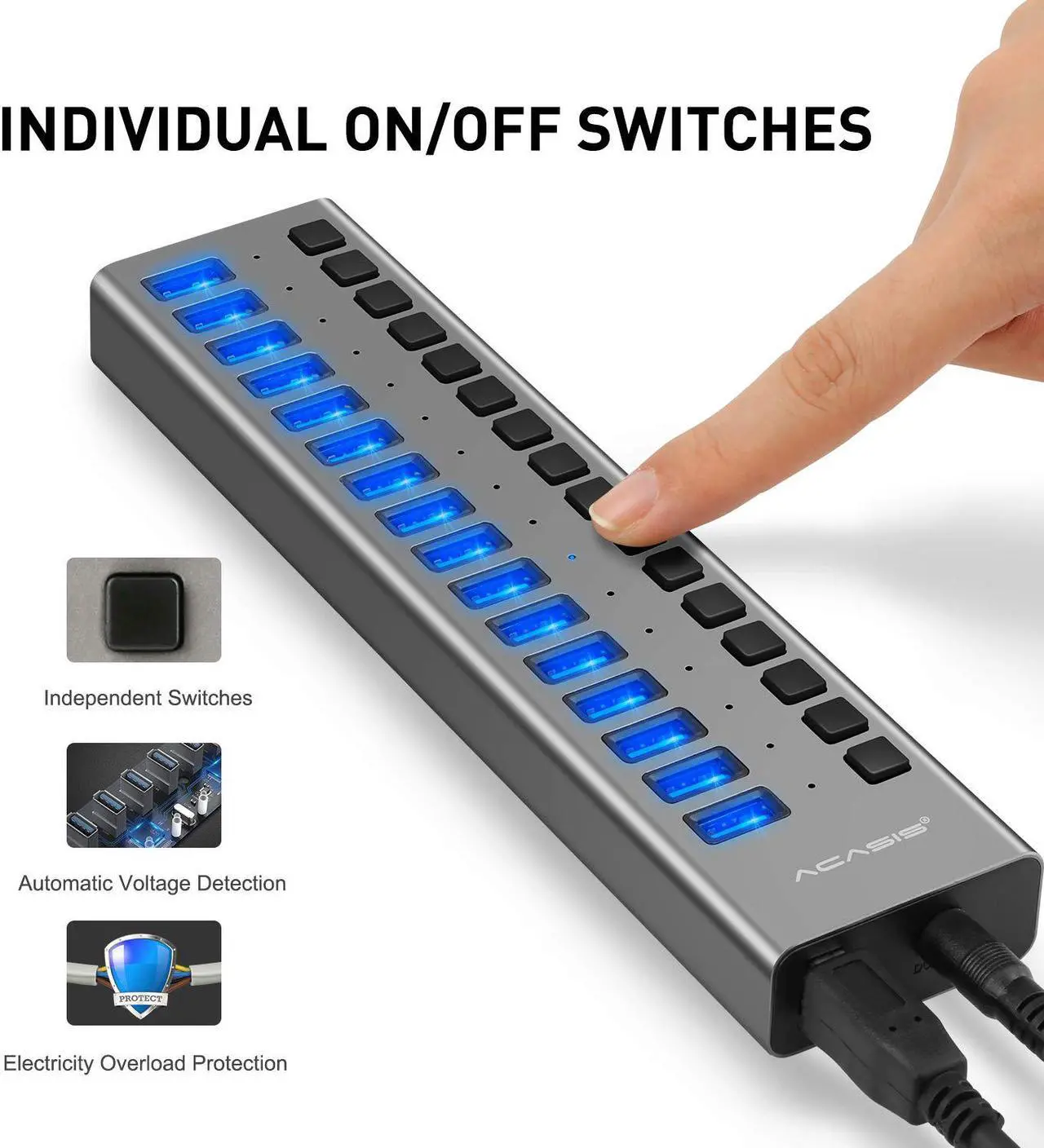 Alt view image 2 of 7 - Powered USB Hub WERLEO 16 Ports 90W USB 3.0 Data Hub - with Individual On Off Switches and 12V/7.5A Power Adapter USB Hub 3.0 Splitter for Laptop PC Computer Mobile HDD Flash Drive and More