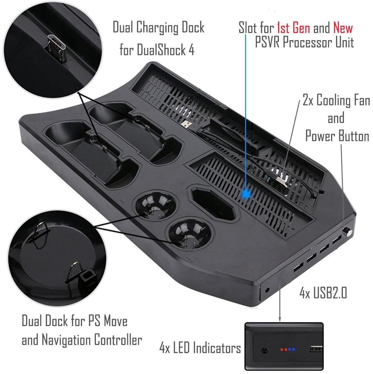 Alt view image 5 of 7 - PlayStation Vertical Stand Werleo PS4 Charging Station Cooling Fan Cooler PSVR Headset Storage Holder Charger Dock for DualShock & PS VR Move Motion Controller 4Port USB Hub for PS4 Slim Pro