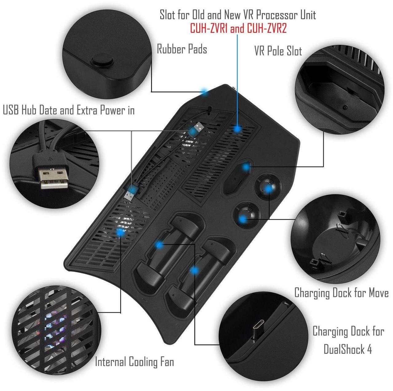 Alt view image 4 of 7 - PlayStation Vertical Stand Werleo PS4 Charging Station Cooling Fan Cooler PSVR Headset Storage Holder Charger Dock for DualShock & PS VR Move Motion Controller 4Port USB Hub for PS4 Slim Pro