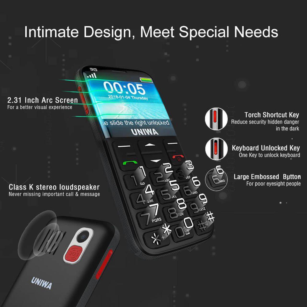 Alt view image 5 of 7 - UNIWA Unlocked Cell Phone 3G Senior Cell Phone WCDMA GSM Cell Phone for Senior Citizen & Kids 2.31” Curved Screen Embossed Keyboard Big Button Big Font SOS Emergency Simple Phone with Charging Dock