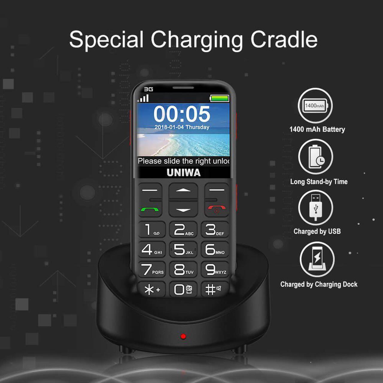 Alt view image 6 of 7 - UNIWA Unlocked Cell Phone 3G Senior Cell Phone WCDMA GSM Cell Phone for Senior Citizen & Kids 2.31” Curved Screen Embossed Keyboard Big Button Big Font SOS Emergency Simple Phone with Charging Dock