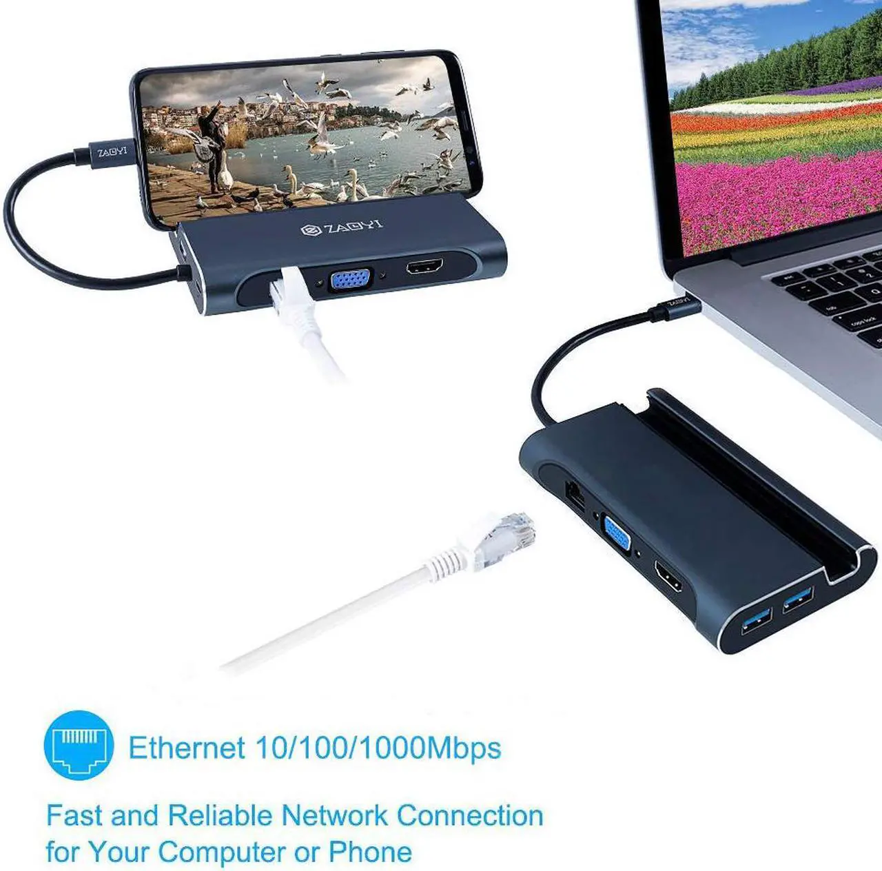 Alt view image 5 of 7 - USB C Hub to HDMI Adapter Werleo 7 in 1 Type C Multiport Adapter with 4K HDMI 1000Mbps Ethernet VGA 3×USB 3.0 Type C Charging Port for MacBook Pro Samsung S8 S9 Disk Keyboard