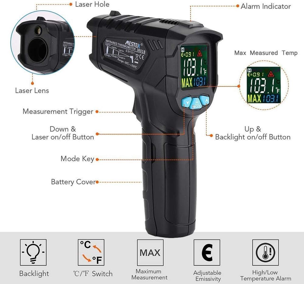 Alt view image 6 of 7 - Infrared Thermometer Non-Contact Digital Laser IR Temperature Gun for Kitchen Meat Food Cooking BBQ Automotive Industrial Thermostat with Flashlight HD Backlight LCD Temp Display