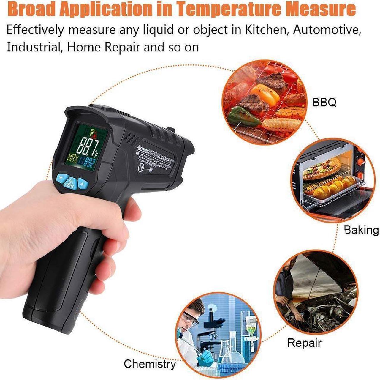 Alt view image 2 of 7 - Infrared Thermometer Non-Contact Digital Laser IR Temperature Gun for Kitchen Meat Food Cooking BBQ Automotive Industrial Thermostat with Flashlight HD Backlight LCD Temp Display