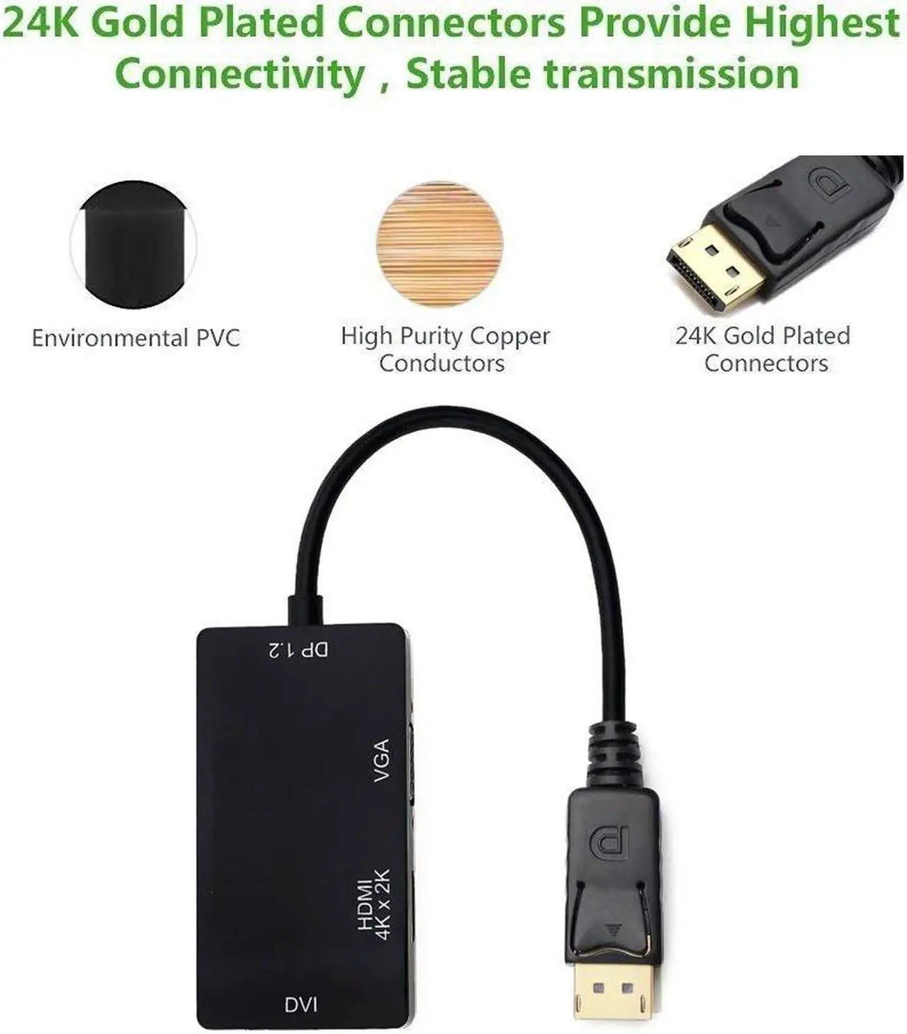 Alt view image 3 of 7 - Werleo Thunderbolt DisplayPort 1.2 to HDMI 4K DVI VGA Adapter Cable 3 in 1 Multi-Function Cable Adapter Converter