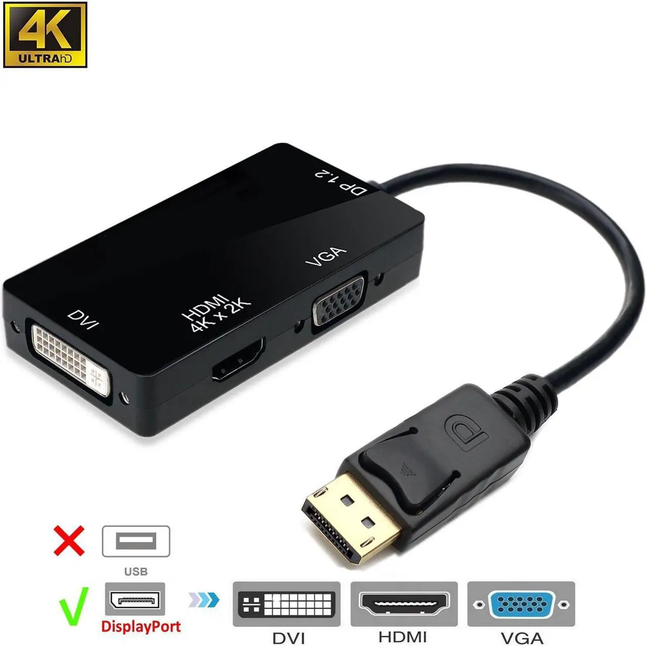 Main image of Werleo Thunderbolt DisplayPort 1.2 to HDMI 4K DVI VGA Adapter Cable 3 in 1 Multi-Function Cable Adapter Converter