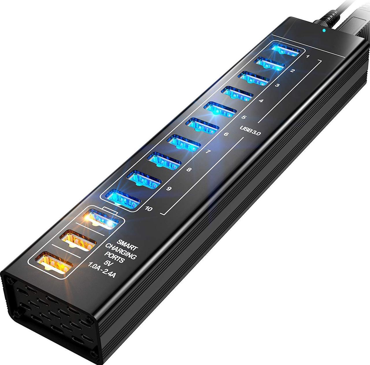 Werleo Powered USB Hub 13 Port USB 3.0 Hub with 10 USB 3.0 Ports 3 Smart Charging Ports Power Adapter Long Cord LEDs - Black Aluminum