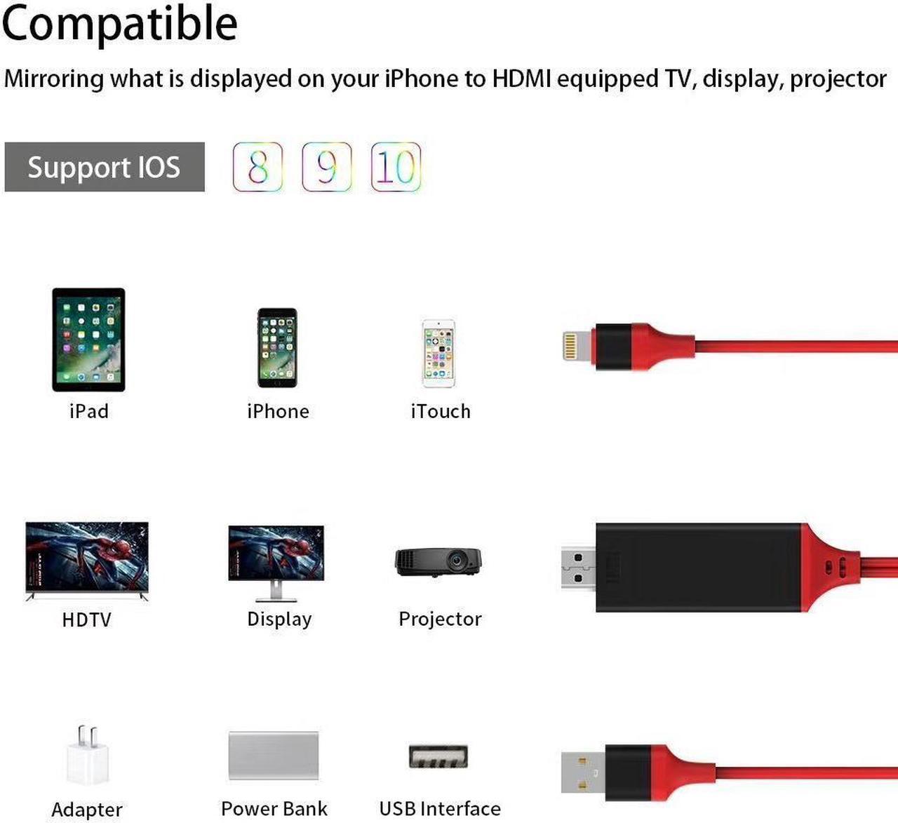 Alt view image 2 of 7 - WERLEO Compatible with iPhone iPad to HDMI Adapter Cable 1080P Digital AV HDMI Adaptor Connector Cord for iPhone Xs Max XR X 8 7 6 Plus iPad Pro Air Mini iPod - Plug and Play