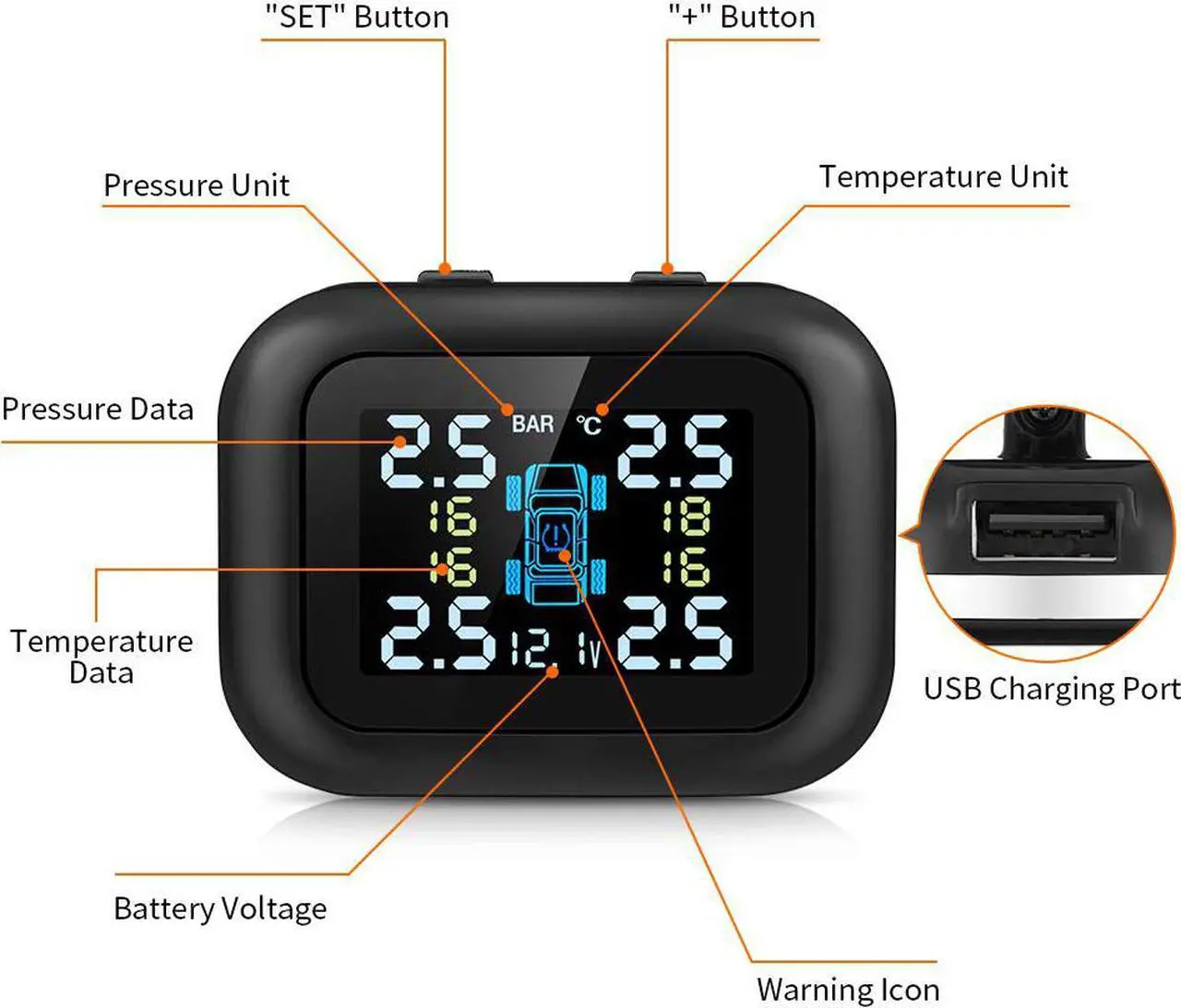 Alt view image 2 of 7 - WERLEO TPMS Wireless Tire Pressure Monitoring System with 4 DIY Sensors Real-time Displays 4 Tires' Pressure and Temperature TPMS - External TPMS4