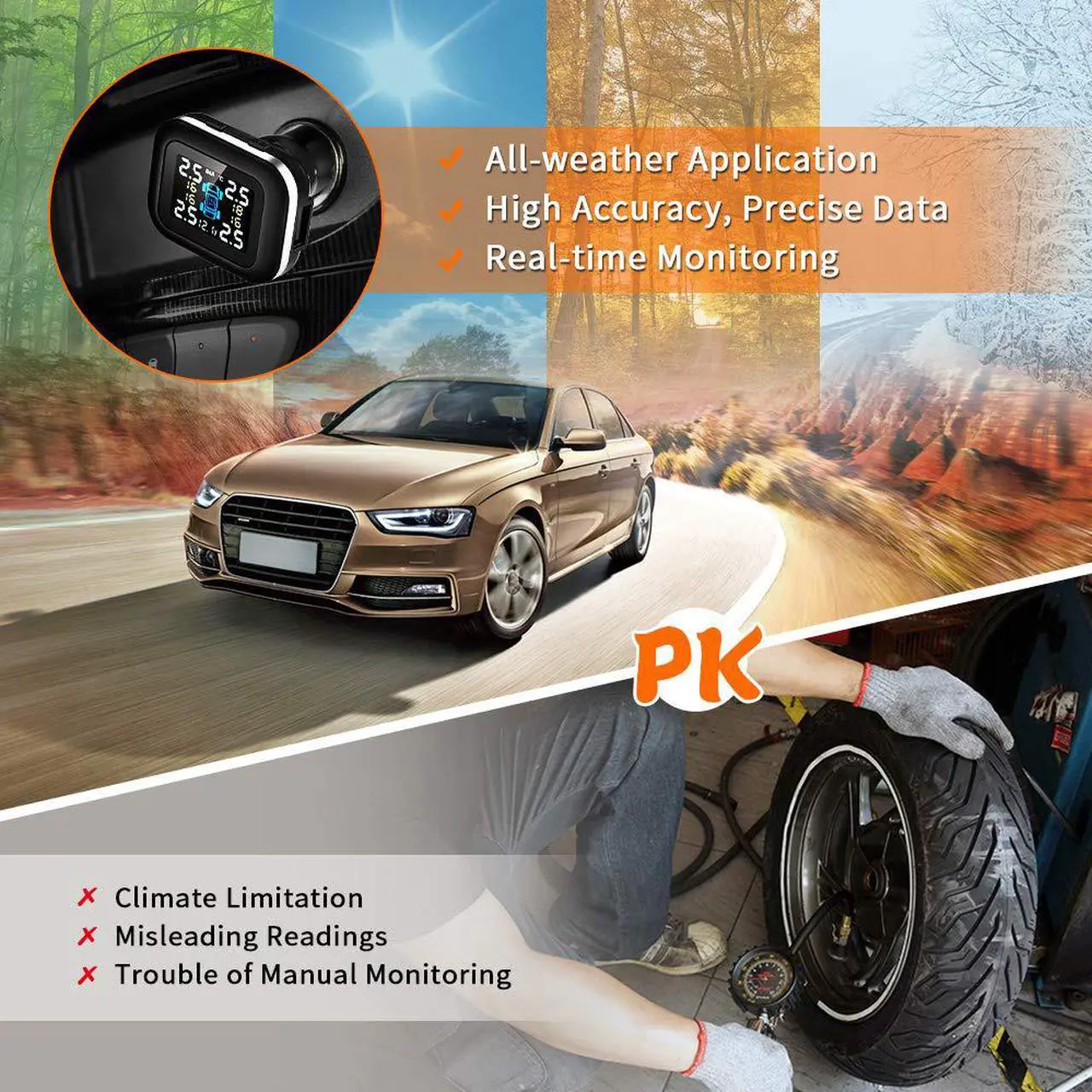 Alt view image 5 of 7 - WERLEO TPMS Wireless Tire Pressure Monitoring System with 4 DIY Sensors Real-time Displays 4 Tires' Pressure and Temperature TPMS - External TPMS4