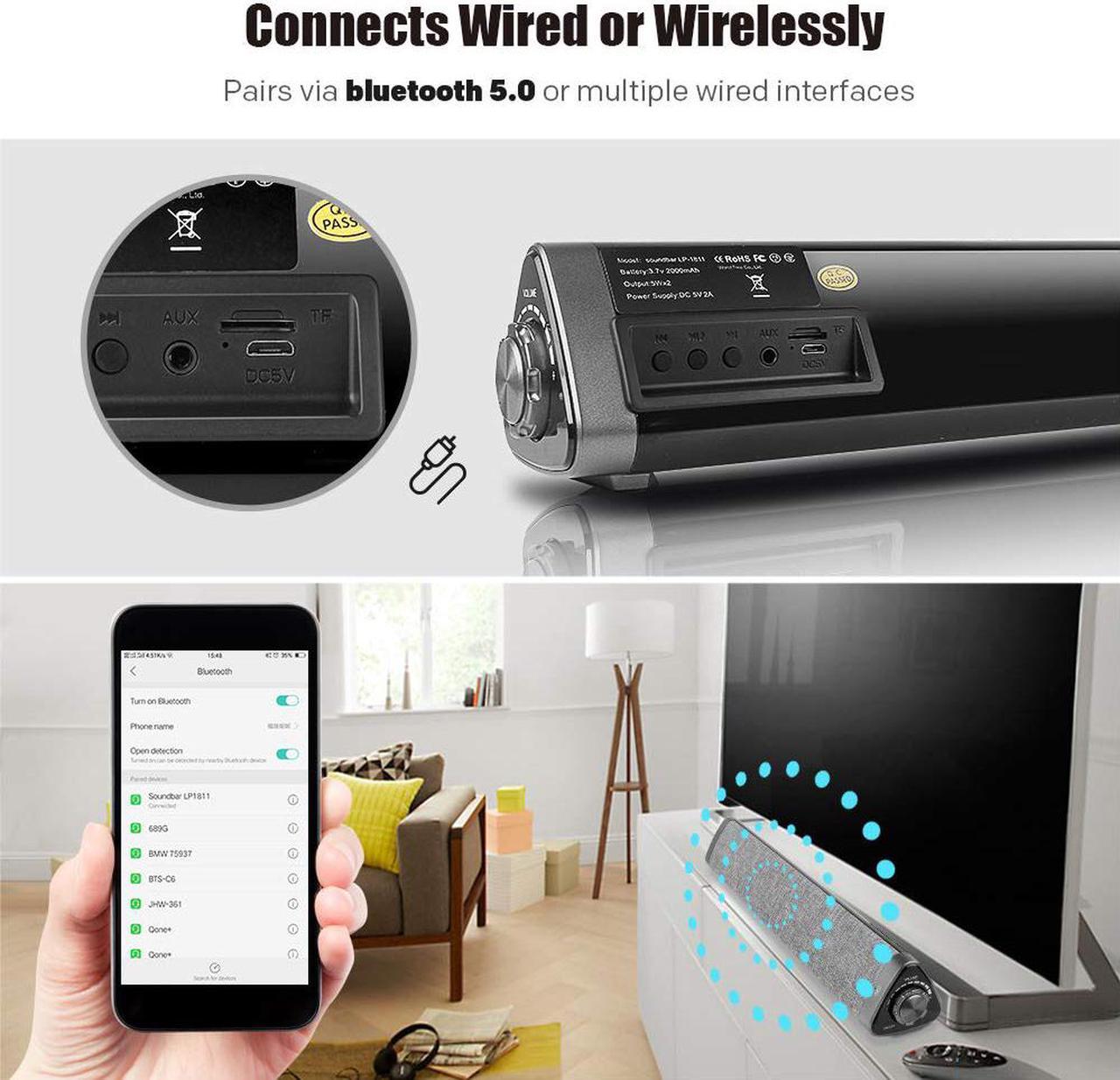 Alt view image 6 of 7 - Bluetooth Sound Bar Wired and Wireless Home Theater TV Triangle Speaker Bar with Remote Control TF Card Surround SoundBar for TV / PC / Phones  /Tablets - 2 X 5W Compact Sound Bar 2.0 Channel