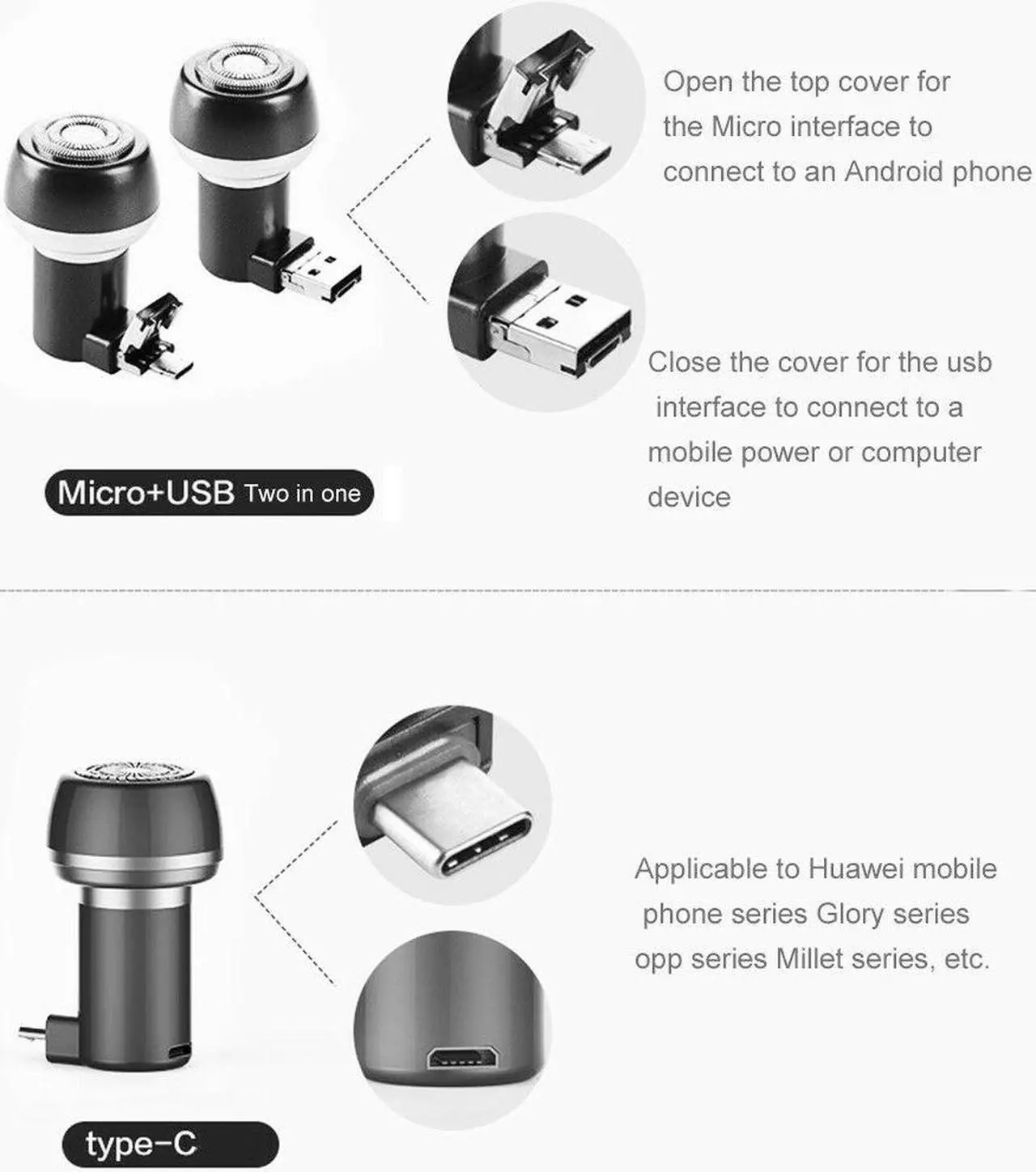 Alt view image 6 of 7 - Electric Shaver Portable Travel Razor Mini Beard Mustache Shaver Trimmer Hair Removal Mirco USB / USB For Android Smart Phones With OTG No Need Charge