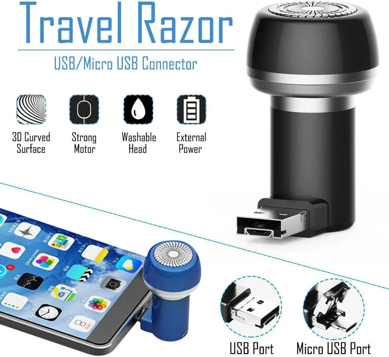Main image of Electric Shaver Portable Travel Razor Mini Beard Mustache Shaver Trimmer Hair Removal Mirco USB / USB For Android Smart Phones With OTG No Need Charge