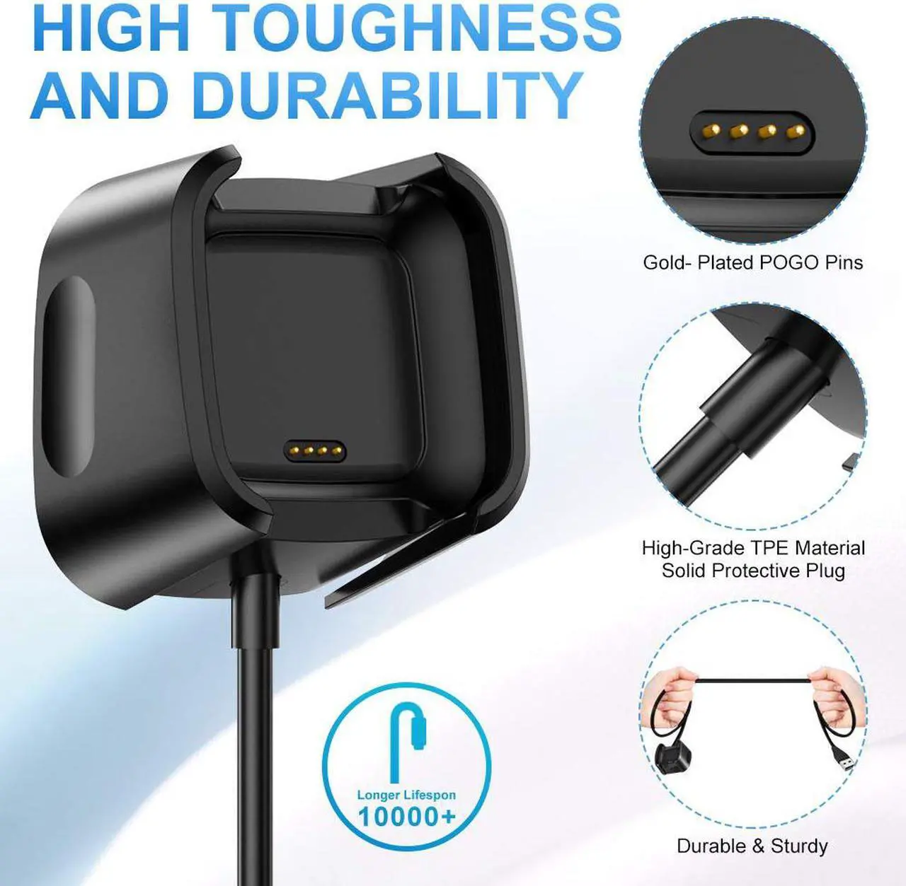 Alt view image 4 of 7 - Werleo Compatible with Fitbit Versa 2 Charger 2-Pack Replacement USB Charging Cable Dock for Versa 2 Smart Watch 3FT