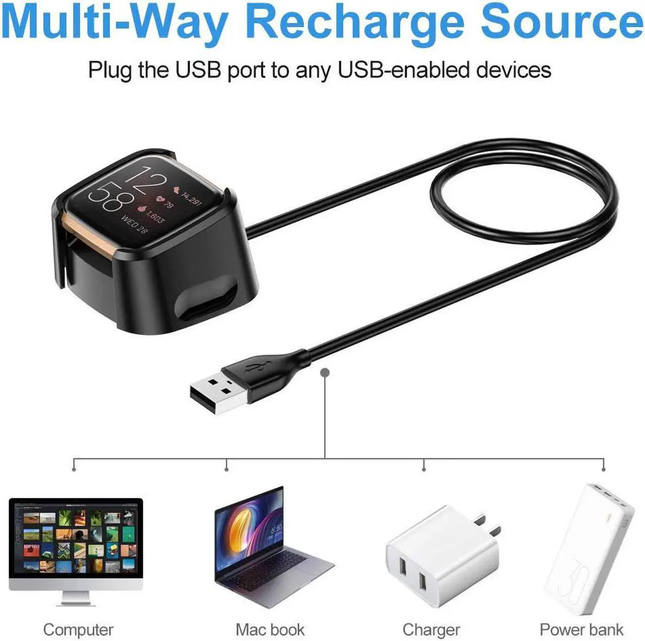 Alt view image 7 of 7 - Werleo Compatible with Fitbit Versa 2 Charger 2-Pack Replacement USB Charging Cable Dock for Versa 2 Smart Watch 3FT
