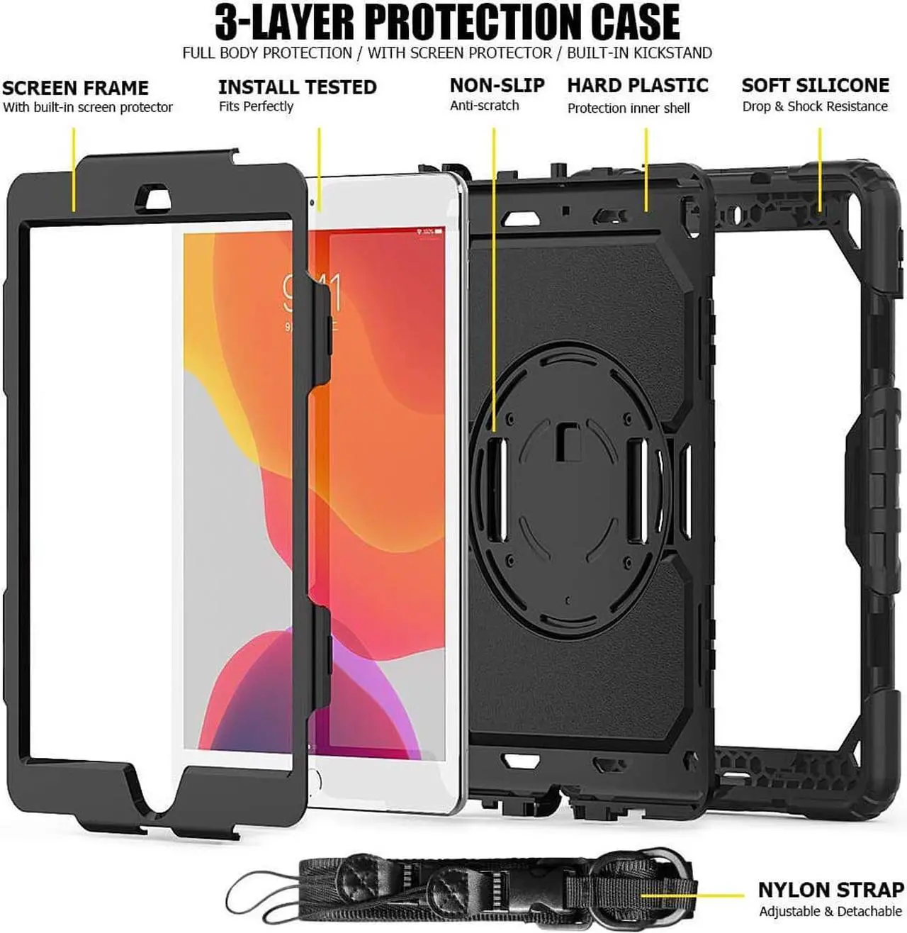 Alt view image 5 of 7 - New iPad 10.2 2019 Case [Built-in Screen Protector] 3 Layer Heavy Duty Shockproof Rugged Protective Cover with Hand and Shoulder Straps for iPad 7th Generation 2019 Case 10.2 inch