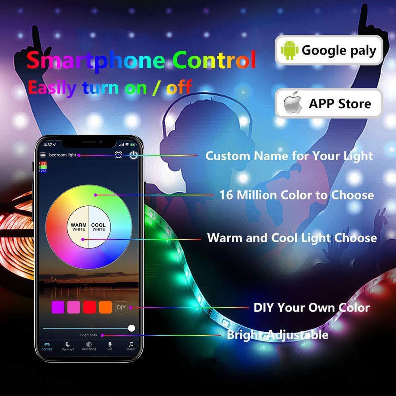 Alt view image 2 of 7 - Werleo LED Strip Lights 600 Led 32.8ft RGB 5050 LED Light Stripe 16 Color Changing 4 Modes Dimmable Led Stripe Lights with Remote 12V Stripe Light for Indoor and Outdoor Decoration