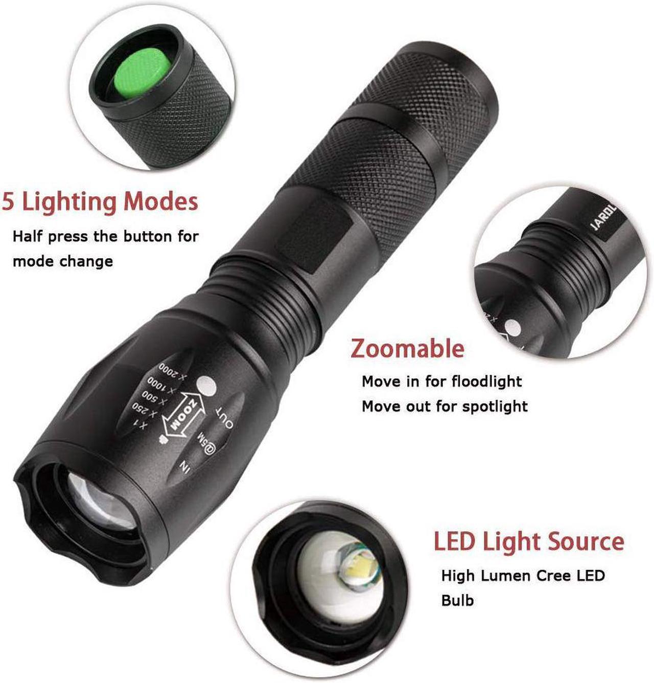 Alt view image 3 of 7 - LED Flashlight Tactical Flashlight 5 Lights Modes Ultra-bright Zoom Function and IP65 Waterproof Handheld Flashlights 18650 Bright Flashlight Perfect for Camping, Hiking & Daily Using