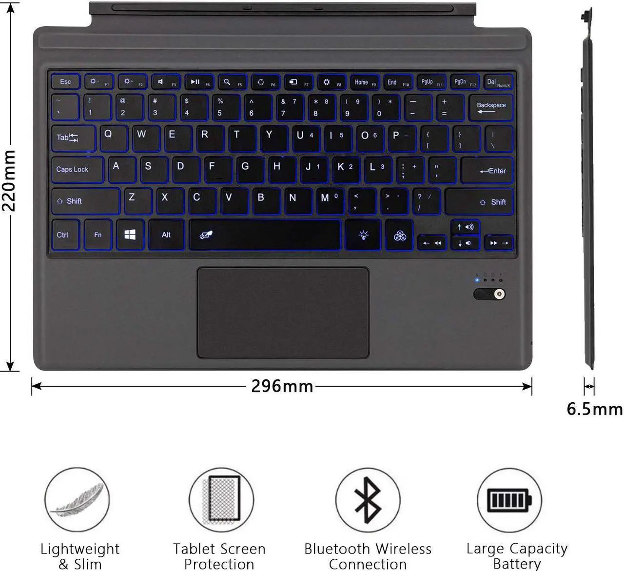 Alt view image 7 of 7 - Type Cover for Microsoft Surface Pro 7 / Surface Pro 6 / Surface Pro 5 2017 / Surface Pro 4 / Surface Pro 3 2014 Detachable Bluetooth Wireless Keyboard with Touchpad and  7-Color LED Backlit