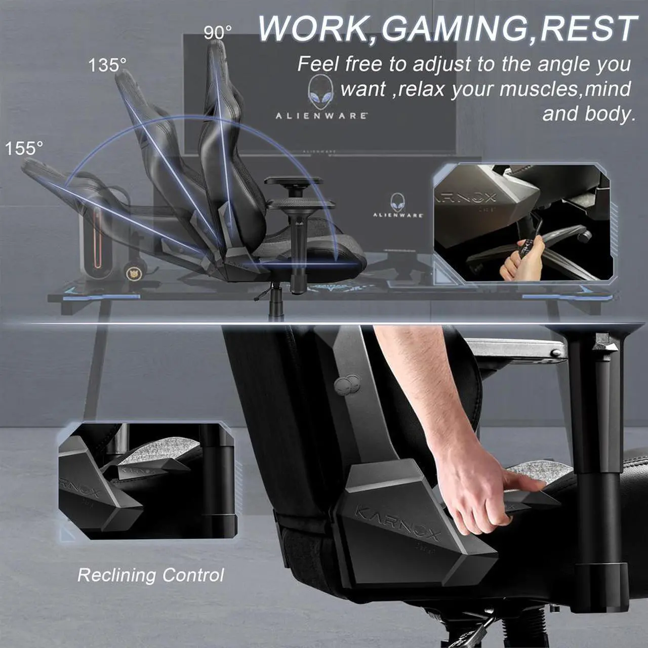 Alt view image 4 of 7 - KARNOX Game Chair Fabric Office Chairs with Pocket Spring Cushion and High-Back Recliner High Back Ergonomic Computer Chair with Lumbar Support Task Gamer Chair Black