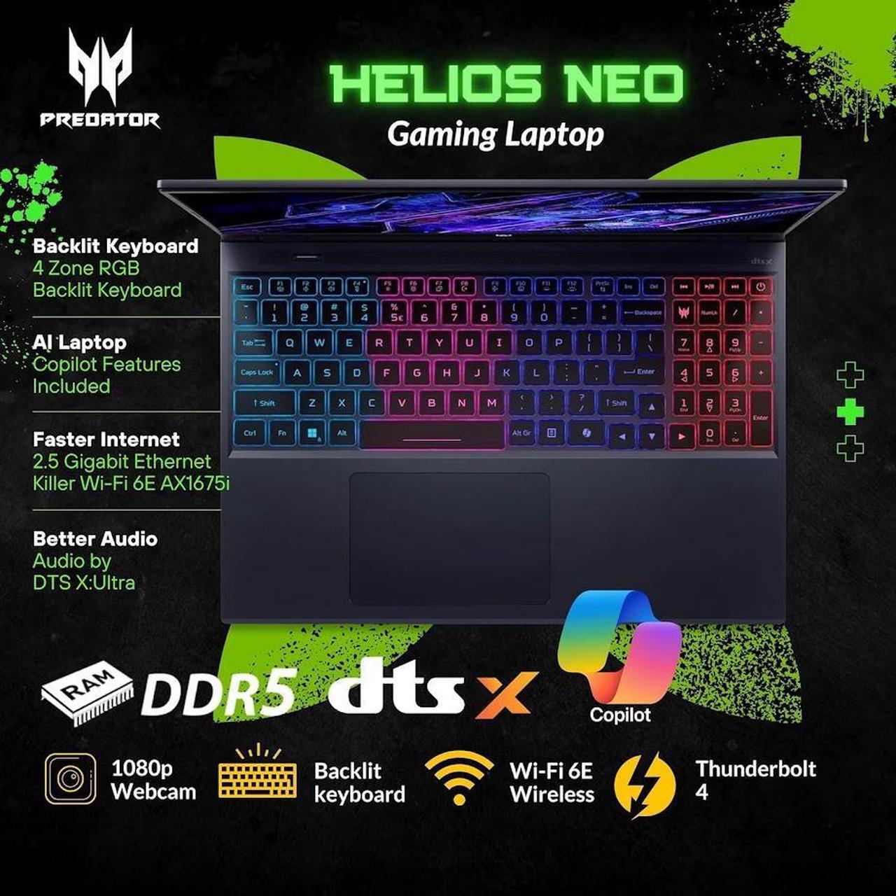 Alt view image 3 of 6 - Acer Predator Helios Neo Gaming Laptop, 16" 165Hz WUXGA IPS Display, Intel 24 Core i9-14900HX(Up to 5.80 GHz), 32GB DDR5 1TB SSD, GeForce RTX 4060, RGB Backlit KB, Copilot AI Laptop, Win11 Pro