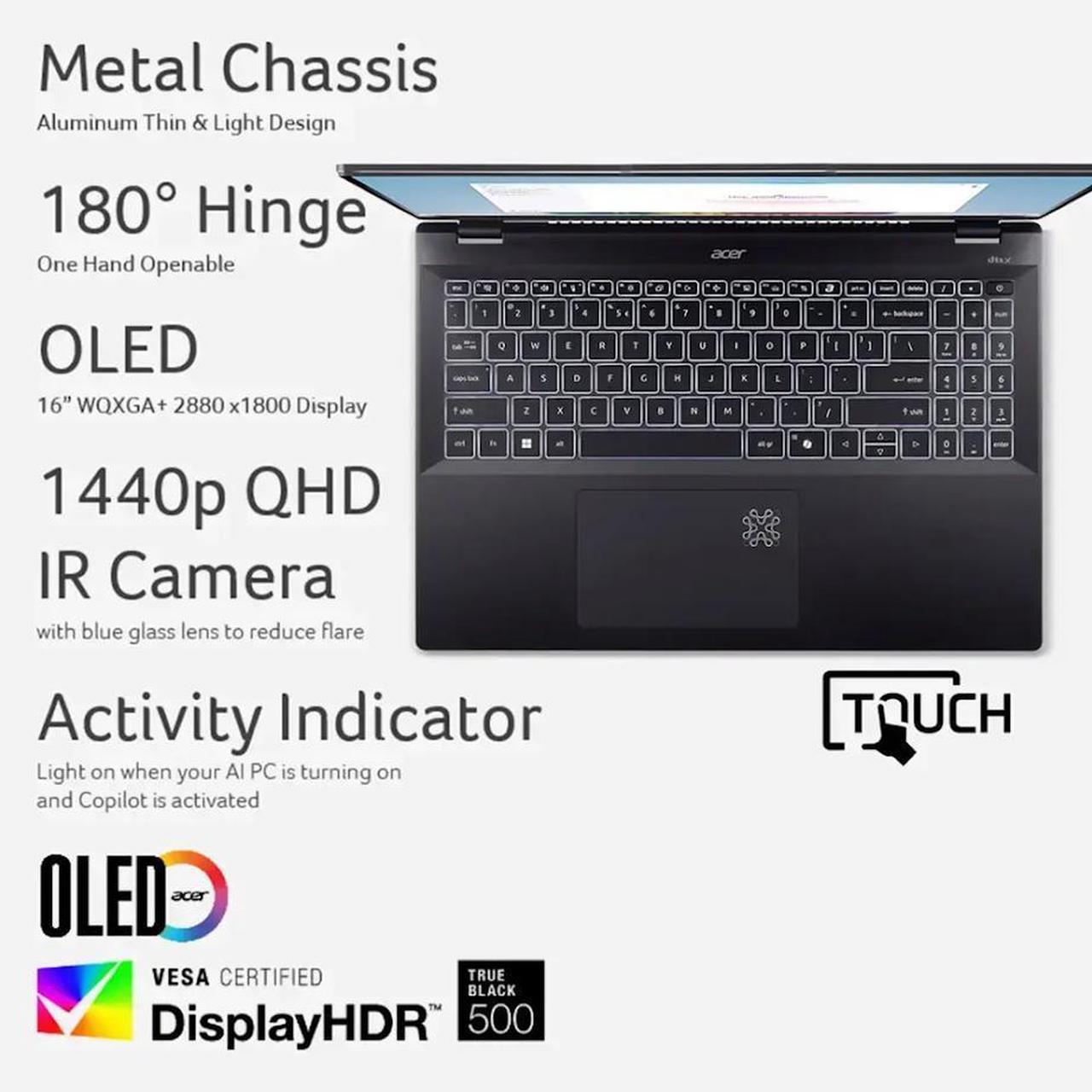 Alt view image 4 of 7 - Acer Swift 16 AI Business Laptop, 16" 3K OLED Touchscreen 100% DCI-P3 Display, Intel 8-core Ultra 7 Series 2 256V(Up to 4.8GHz), 16GB LPDDR5X 2TB SSD, Backlit KB, Wi-Fi 7, Win11 Home, AI+Copilot PC